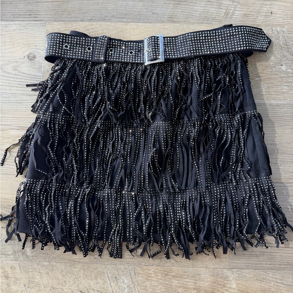 12th Tribe Black Fringe Rhinestone Skirt with Studded Belt size